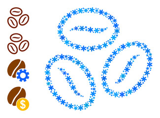 Mosaic coffee beans pictogram is created for winter, New Year, Christmas. Coffee beans icon mosaic is constructed of light blue snow flakes. Some similar icons are added.