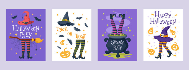 Halloween spooky party cards with witch legs and hats. Cartoon witch stockings legs, broom and witchcraft cauldron vector background illustrations. Halloween party posters or invitation cards