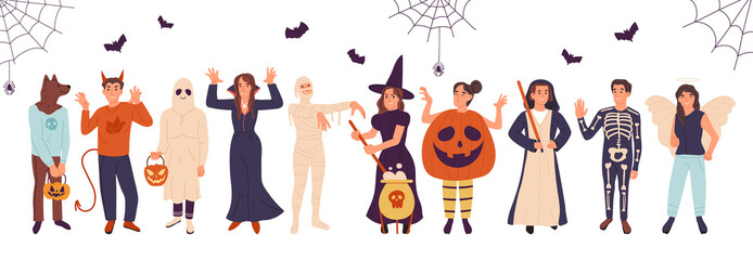 Halloween party people wearing masquerade costumes, ghost, mummy and witch characters. Autumn spooky holiday event costumes vector symbols illustration set. Cartoon masquerade characters - obrazy, fototapety, plakaty