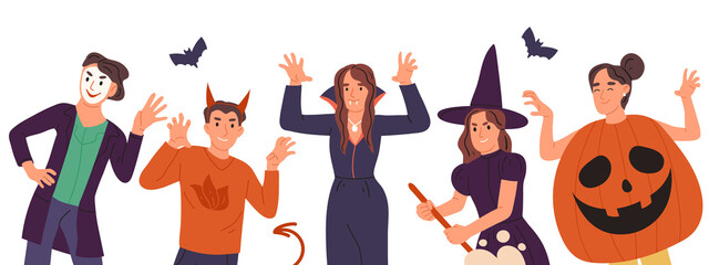 Halloween party, creepy carnival poster, happy friends in masquerade costumes. Young people wearing spooky Halloween holiday outfits vector illustration. Autumn holiday celebration