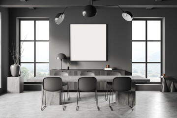 Grey living room interior with table and chairs, window and mockup frame