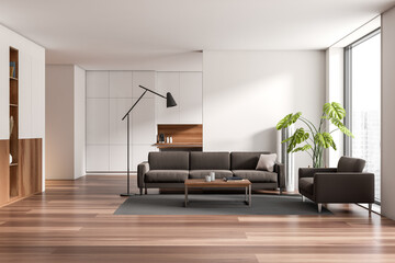 Studio flat with kitchen interior, couch near window. Copy space wall