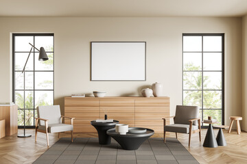 Living room interior with two armchairs and decoration, coffee table and mockup canvas