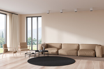 Modern relax room interior with couch and coffee table, copy space wall