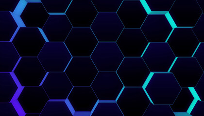 Wall of Random shifted neon honeycomb hexagon background metaverse, big data concept.