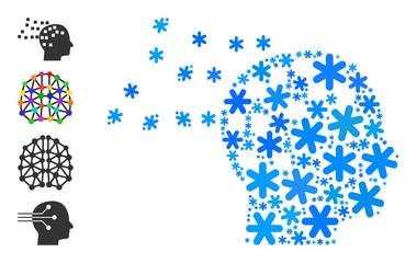 Mosaic mind compilation icon is combined for winter, New Year, Christmas. Mind compilation icon mosaic is organized of light blue snow elements. Some similar icons are added.