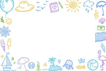 Hand drawn colored holiday elements. Colorful sketchy doodles. Summer holidays. Vacation trip