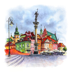 Fototapeta na wymiar Watercolor sketch of Castle Square in Warsaw Old town, Poland.