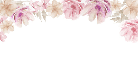 Watercolor Floral Hand Drawn Background. Floral Watercolour Border on white.