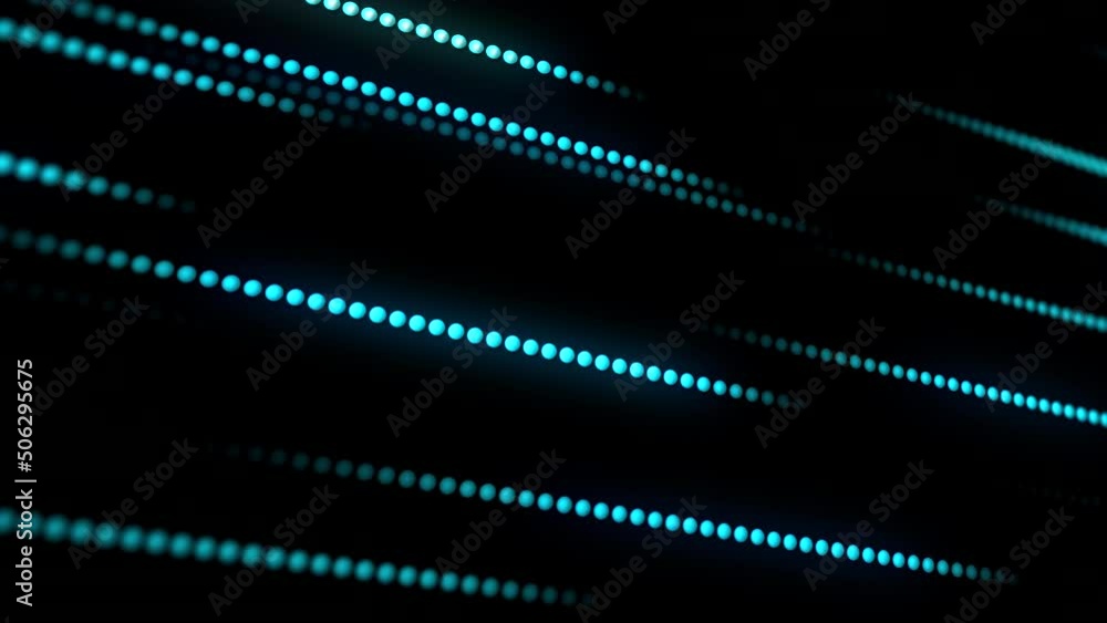 Poster stream of glowing lines from dots. motion. bright stream of binary neon lines on black background. b