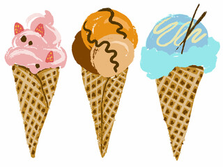 Three colorful ice cream waffle cones. Vector clip art set isolated on white - 506295615