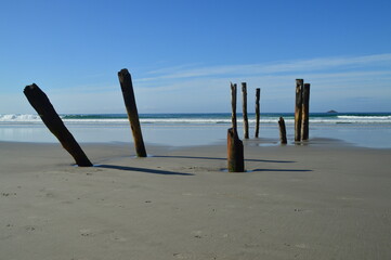 rest of a wooden pier on the beach
