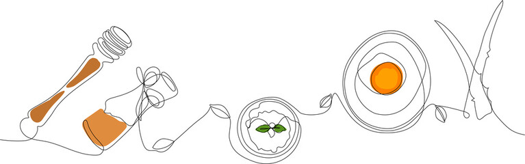 Continuous drawing of one line of bottles with oil or honey or lemon or lime juice for scrubbing and body skin care with natural herbal skin care products, top view of ingredients. Vector illustration