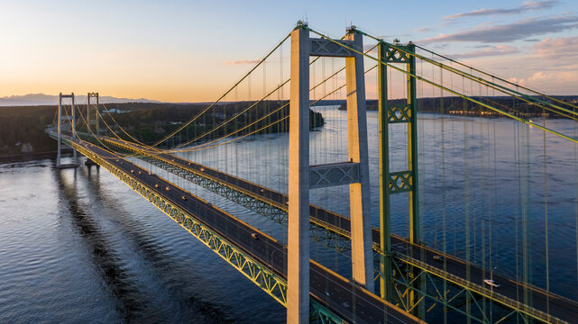 Aerial view of the Narrows bridge in Tacoma Washington during the sunset