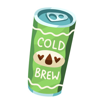Vector illustration of cold brew coffee. Delicious drink in tin can. Green, brown, beige, blue colors. Hand drawn cartoon flat vector illustration