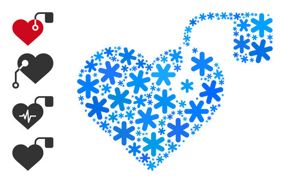 Composition heart pacemaker icon is designed for winter, New Year, Christmas. Heart pacemaker icon mosaic is made from light blue snow flakes. Some bonus icons are added.