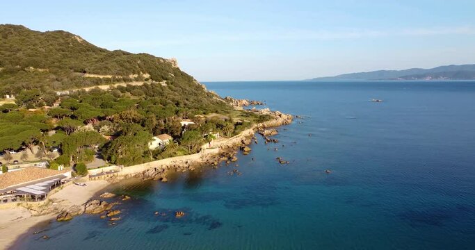 Early morning aerial view of portigliolo beach at Propriano in Corsica, France - Vue a&eacute;rienne prise le matin de la plage de portigliolo &agrave; Propriano en Corse, France
