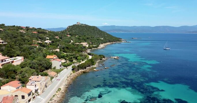 Aerial view of the Genoise watchtower of Campomoro, Corsica, France - Vue a&eacute;rienne de la tour g&eacute;noise de Campomoro, Corse, France