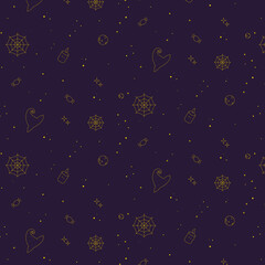 Obraz na płótnie Canvas Seamless pattern with elements of magic: magic hat, candle, stars, planet, spider, web. Decoration: packages, clothes, things, postcards.