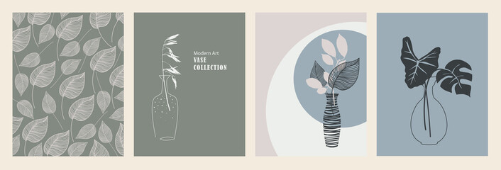 Modern art background design, minimal vase and floral pattern set or collection in blue gray and pink color palette. Large exotic leaves and plants in flower arrangement. Modern abstract art prints. © Arlenta Apostrophe
