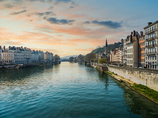 Fototapeta premium Lyon old city on river Rhone during a spring sunset