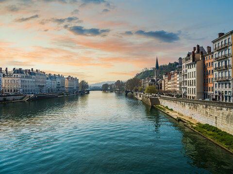 Lyon Old City On River Rhone During A Spring Sunset