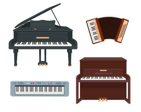 Classical keyboard musical instruments isolated on white background. Set of Classical and Grand piano, electric piano and accordion icons. Vector illustration in flat or cartoon style.