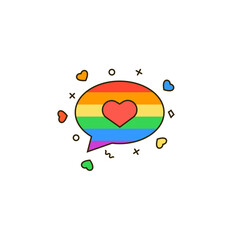 Rainbow speech bubble with heart shape decoration. LGBT & LGBTQ love chat colorful line icon for social media and messengers. Romantic messaging vector illustration for gays & lesbians.   