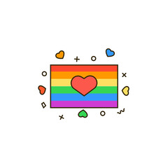 Gay pride flag color line icon. Rainbow flag with heart shape decoration - symbol of LGBT & LGBTQ love, gays and lesbians, sexual minorities support. Pride month celebration vector illustration. 