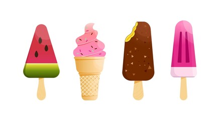 Set of different ice cream, in stick, vanilla in waffle, chocolate, fruit, watermelon. Flat vector illustration isolated on white background. Elements for summer design