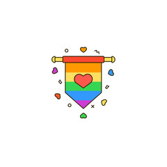 Gay pride flag color line icon. Vertical rainbow banner with heart shape decoration - symbol of LGBT & LGBTQ love, gays and lesbians, sexual minorities support. Pride month vector illustration. 