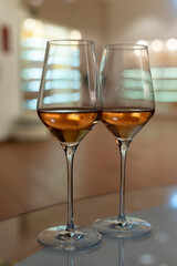 Tasting of brut champagne sparkling wine produced by traditional method in underground caves