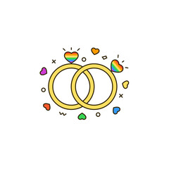 Wedding rings with rainbow heart shaped gemstones. Gay couple rings line icon - symbol LGBT & LGBTQ love, gays and lesbians relationships. Pride month & Valentine's Day celebration illustration.