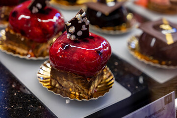 Austrian desserts, different types of chocolate and fruit cakes in cafe in Vienna.