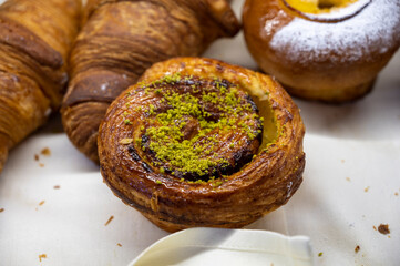 Austrian desserts, different types of chocolate and fruit cakes in cafe in Vienna.