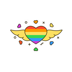Rainbow heart with wings - line icon on isolated white background. Heartshape symbol of LGBT & LGBTQ love, gays and lesbians, sexual minorities support. Pride month celebration vector illustration.