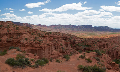 Desert landscape. Panorama view of the red canyon, sandstone and rock cliffs, mountains and valley.