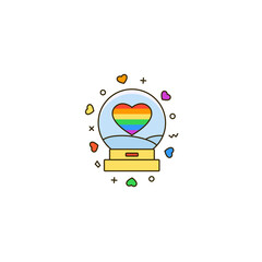 Glass ball with a rainbow heart - line icon on white background. LGBT, gay, lesbian, love, wedding and marriage souvenir in thin linear design. Valentine's Day, Pride month sign, sticker, symbol.