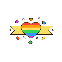 Rainbow heart with ribbon - color line icon on white background. Heartshape symbol of LGBT & LGBTQ love, gays and lesbians, sexual minorities support. Pride month celebration vector illustration. 