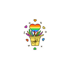 Rainbow heart on the floral pot - flat color line icon. Symbol of LGBT & LGBTQ love, gays and lesbians, sexual minorities support. Pride month celebration, Valentine's day vector illustration.
