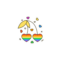 Two heart shaped cherries in rainbow colors - flat line icon. Symbol of LGBT, LGBTQ, gay love, lesbians and other sexual minorities couples. Pride month vector illustration. 