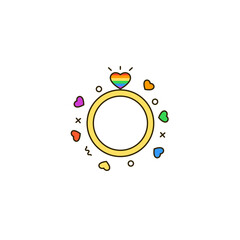 Wedding ring with rainbow heart shaped gemstone. Gay couple ring color line icon - symbol LGBT & LGBTQ love, gays and lesbians relationships. Pride month & Valentine's Day celebration illustration.
