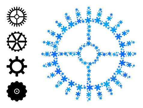 Collage clock gearwheel icon created for winter, New Year, Christmas. Clock gearwheel icon mosaic is formed from light blue snow icons. Some bonus icons are added.