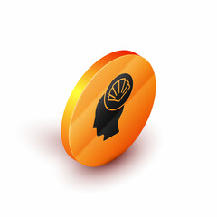 Isometric Scallop sea shell icon isolated on white background. Seashell sign. Orange circle button. Vector