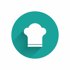 White Chef hat icon isolated with long shadow. Cooking symbol. Cooks hat. Green circle button. Vector