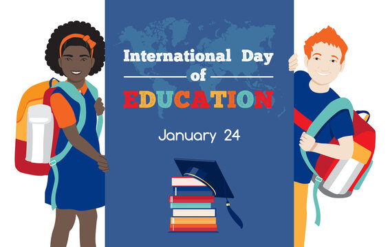 International Day of Education, 24 January vector poster. Diverse happy school kids, redhead boy and african american girl stand holding banner, stack of books, world map. Isolated at white background - Powered by Adobe