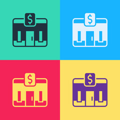 Pop art Bank building icon isolated on color background. Vector