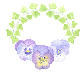 flower frame.  Watercolor ivy and pansy frame on white background 