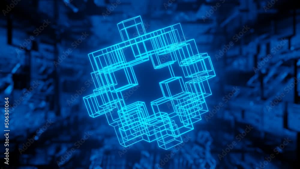 Poster cubes structure. 3d object or structure rotates and moves inside glass mirror tunnel with neon light