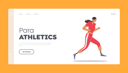 Fototapeta na wymiar Para Athletics Landing Page Template. Active Amputee Woman Run Marathon. Disabled Sportswoman with Amputated Limbs